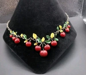 New Betsey Johnson Red Stemmed Cherry Fruit Necklace - Picture 1 of 5