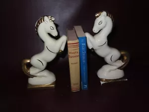 Vintage Pair 10.5" Tall Art Deco White Porcelain & Gilt Horse Bookend Figures - Picture 1 of 19