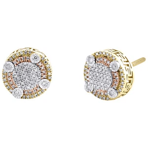 10K Tri-Tone Gold Genuine Diamond 10mm Tiered Halo Round Stud Earrings 1/5 CT - Picture 1 of 5