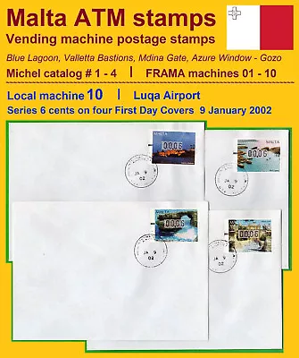 MALTA 2002 FRAMA ATM 1-4 / machine 10 / Luqa Airport / Series 6c on four FDC - Image 1 of 3