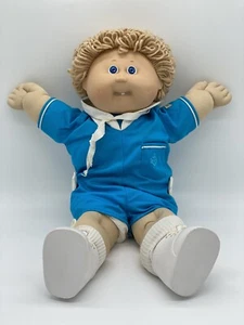 Cabbage Patch Kids Boy Doll Blonde Hair Blue Eyes Dimples Tooth Blue Jump Suit C - Picture 1 of 9