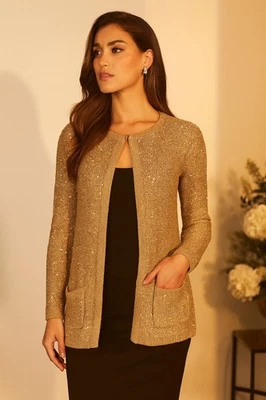 Nuevo con etiquetas Traje Mango Lentejuelas Doradas Cárdigan Suéter XS Frente Abierto Metálico Fiesta de Vacaciones Foto 1 de 4