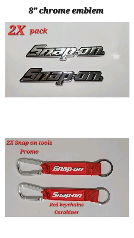 2PK SNAP ON TOOLS LOGO EMBLEM Chrome Badge Decal + 2X Keytags RED Carabiner NEW! - Image 1 of 4