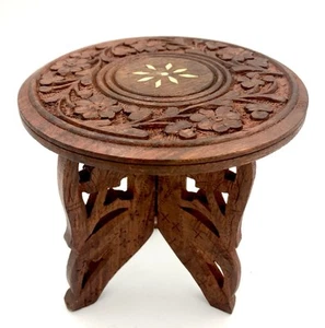 Carved Wood Mini Table Plant Stand Trivet Top Folding Base Made In India Boho - Picture 1 of 10