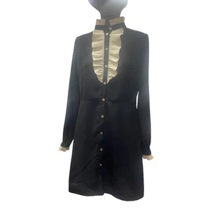 Karen Millen Dress Black Cream Collar Frill High Neck Gold Buttons UK Size 12 - Picture 1 of 9