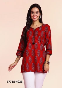 Indian Ethnic Stitched Women Red Printed Short Kurta Casual Top Kurti - Imagen 1 de 4