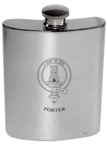 Frasco de riñón de peltre pulido Porter Family Crest 6 oz - Imagen 1 de 1