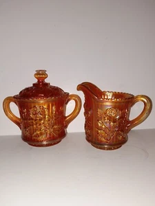 Imperial Glass Marigold Lustre Rose Carnival Glass Sugar & Creamer Chip On Lid - Picture 1 of 5