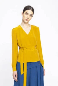 Ivko Bluse Shirt Gold golden curry Manschetten Bindebänder gelb yellow 192461 - Picture 1 of 4