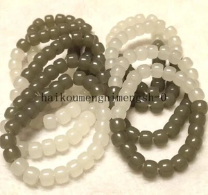 10mm Natural White Grey HeTian Jade Gemstone Barrel Beads Stretch Bracelet 7.5" - Picture 1 of 12