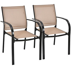 Patiojoy Patio Set of 2 Dining Chairs Stackable with Armrests Garden Deck Brown