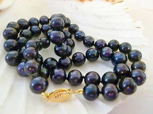 Genuine 8 mm BLACK FRESHWATER PEARL Necklace. Choose length & Clasp 925 Silver - Picture 1 of 13