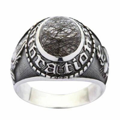 Amuleto de plata esterlina rutilo negro cuarzo piedra anillo para hombre manos de oración gótico Foto 1 de 4