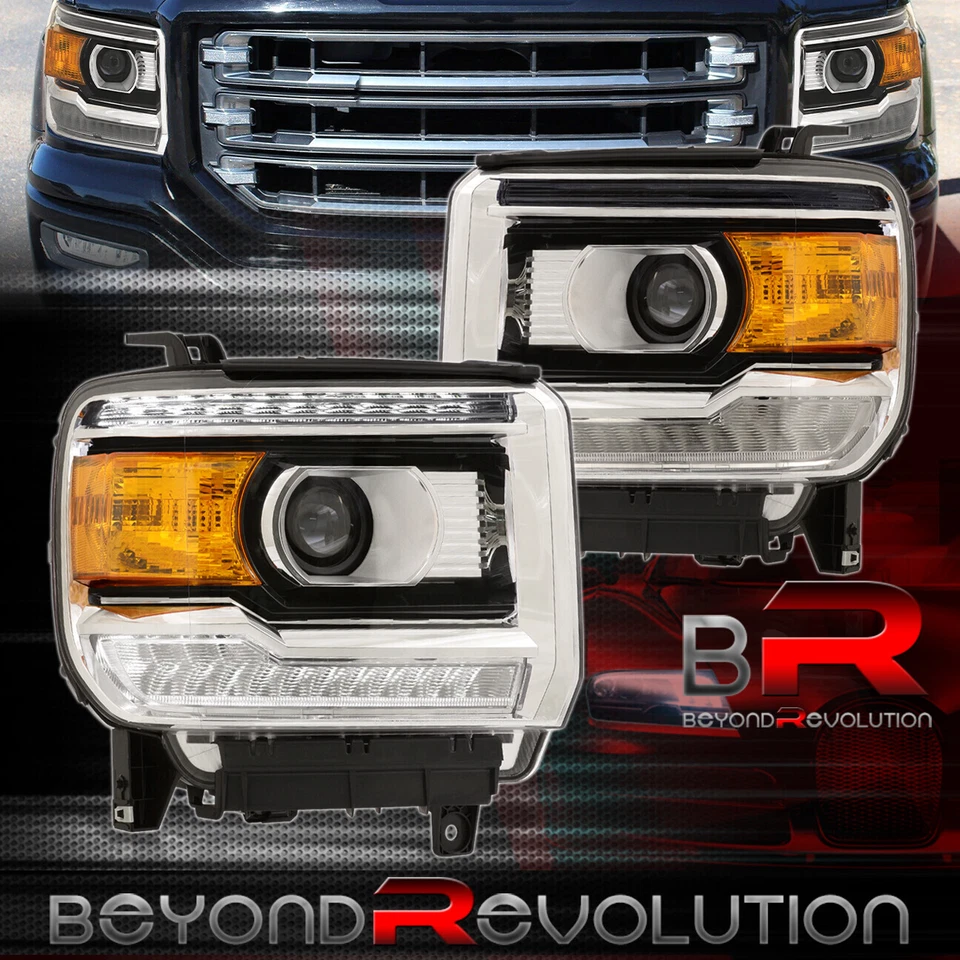 For 2014-2018 Sierra LED DRL Projector Headlight Pair Amber Signal Lamps Black — 第 1/4 张图片