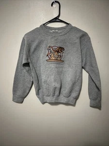 Vtg Embroidered Dinosaur Crewneck Pullover Sweatshirt Youth Small Grey *flawed* - Picture 1 of 10