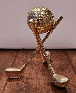 Portacarte vintage pallina da golf su treppiede ottone scrivania deco tono oro - Foto 1 di 4