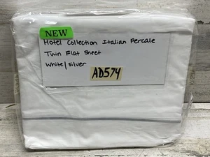 Hotel Collection Italian Percale 100% Cotton Twin Flat Sheet White / Silver New - Picture 1 of 4