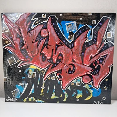 Tablero de madera pintado a mano 14"x11" estilo graffiti PINTURA ARTE ROBLE ORIGINAL Foto 1 de 4