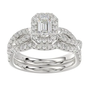 Bridal Set 1.25ct Round Diamond 14k White Gold Center Stone 0.50ct Emerald - Picture 1 of 1