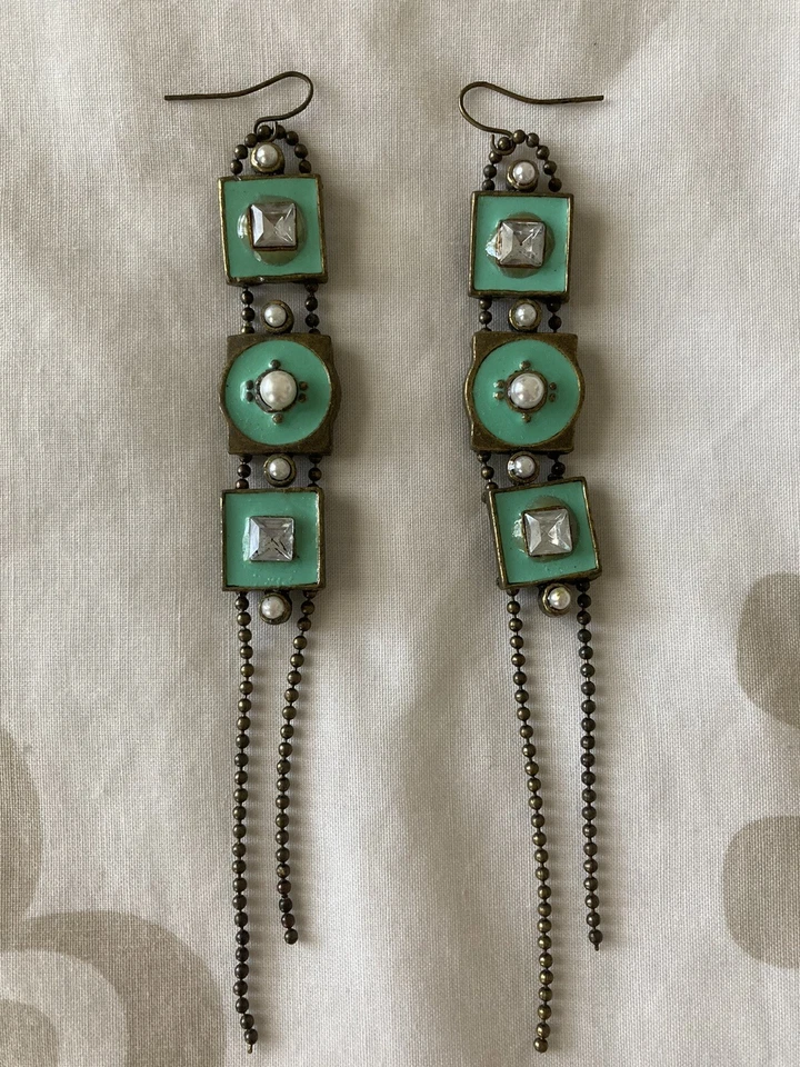 00’S Topshop Mint Green/Brass/Pearl Boho Style Long Drop Statement Earrings VGC - Image 1 of 3