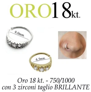 Piercing NASO cerchio anello ORO giallo bianco 18kt. zirconi nose ring GOLD 18kt - Foto 1 di 13