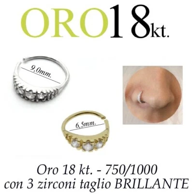 Piercing NASO cerchio anello ORO giallo bianco 18kt. zirconi nose ring GOLD 18kt - Immagine 1 di 3