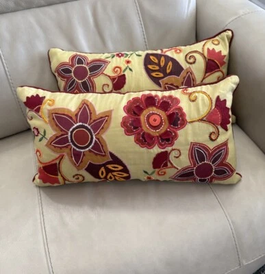 Pier 1 Imports Beaded Embroidered Floral Pillow Set Of 2 LNC RARE HTF 21x11” - Image 1 of 4