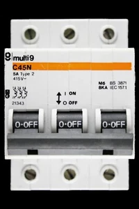MERLIN GERIN 5 AMP TYPE 2 M6 TRIPLE POLE MCB CIRCUIT BREAKER C45N 21343 - Picture 1 of 6