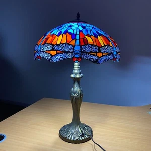 Tiffany 16 inch Style Table Lamp Blue Dragonfly Multicolor Stained Glass Shade - Picture 1 of 13