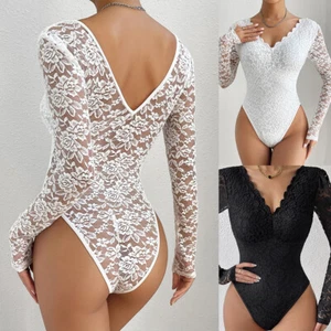 Sexy Women's Lace V-Neck Slim Bodysuit Long Sleeve Babydoll Shirt Party Tops - Picture 1 of 16