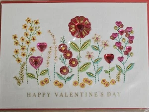 PAPYRUS EMBROIDERED GEMMED HEART & FLOWERS HAPPY VALENTINE'S DAY CARD FRAMEABLE - Picture 1 of 4