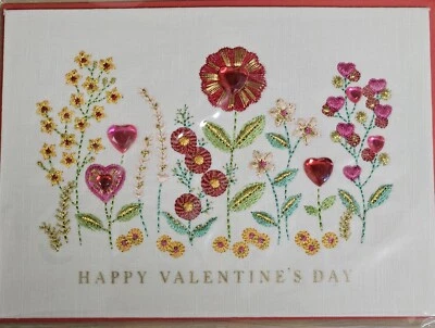 PAPYRUS EMBROIDERED GEMMED HEART & FLOWERS HAPPY VALENTINE'S DAY CARD FRAMEABLE - Image 1 of 4