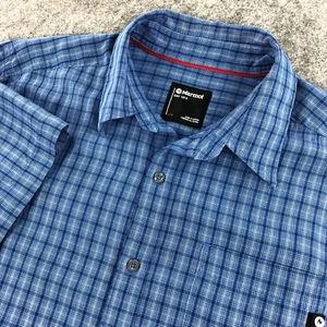 Marmot Button Up Shirt Mens Large Blue Plaid Short Sleeve Front Pocket Stretch - Picture 1 of 14