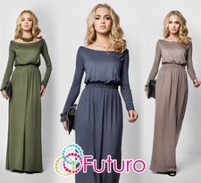 Womens Maxi Dress Full Length Boat Neck Long Sleeve Evening Sizes 8 - 18 FM08