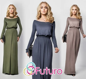 Womens Maxi Dress Full Length Boat Neck Long Sleeve Evening Sizes 8 - 18 FM08 - Picture 1 of 9