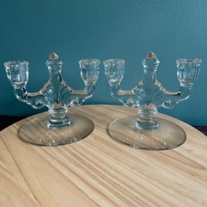 Par de Candelabros Doble Heisey Trident Cristal Grabado Orquídea Transparente 19 De Colección - Imagen 1 de 10