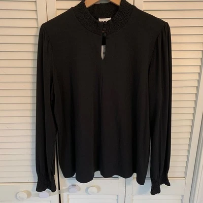 J Jill черный со сборками насмешливый шеи замочная скважина кнопка длинным рукавом блузка верхний размер L - Изображение 1 из 4