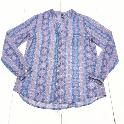 KUT from the Kloth Shirt Womens Medium Blue Boho Print Split Neck Long Sleeve - Image 1 of 4