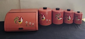 Caja de pan de metal Ransburg vintage con latas gallos rosas conjunto de 5 Estate rara - Imagen 1 de 20