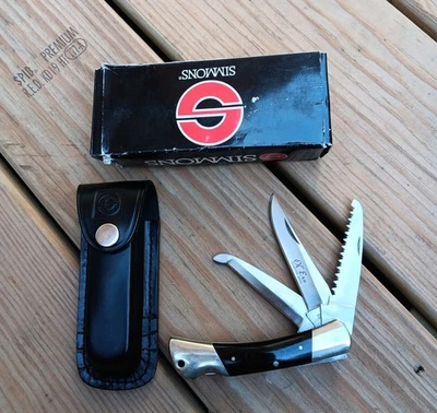 Navaja de Bolsillo Simmons Ol' ERN Rara 3 Hojas Bloqueo Estuche de Cuero De Colección Foto 1 de 4