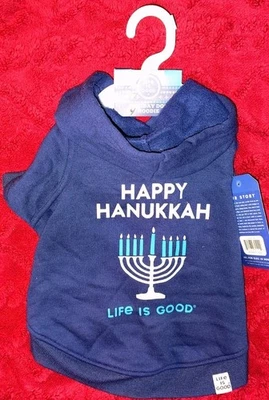 Life Is Good Happy Hanukkah Dog Pet Hoodie Sz Med Menorah Navy Blue Leash Loop  - Image 1 of 4