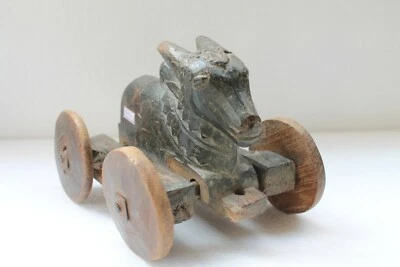 Antigua estatua Nandi original de madera tallada a mano juguete grabado sobre ruedas NH4103 Foto 1 de 4