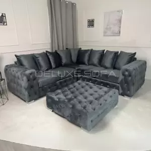 5 Seater Velvet Corner Sofa Ashton Scatter back Chesterfield SUITE SETTEE Corner - Picture 1 of 9