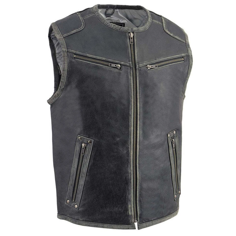 Milwaukee Leather 3536 Men's Distressed Grey Leather Motorcycle Rider Vest - Image 1 of 4