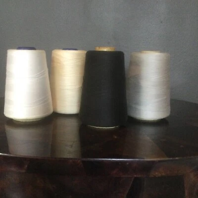 4 CONES 6800 Yd Ea 3-CORD MERCERIZED COTTON SEWING THREAD Black White Cream Gray - Image 1 of 4