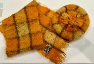 Glen Cree VTG Galloway Scotland Orange Tarta Mohair Knit Beret Tam Hat Scarf Set - Image 1 of 4