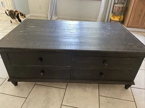 Rustic-Style Wooden Coffee Table - 8 Drawers - Metal Beam Supports - Picture 1 of 7