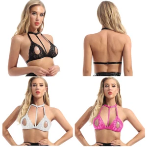 Damen Transparente Spitze BH Dessous Neckholder Oberteil Brust Sexy Reizwäsche - Picture 1 of 30