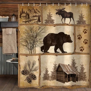 Vintage Shower Curtain Rustic Cabin Bear Moose Forest Bath Curtains with Hooks - Picture 1 of 12