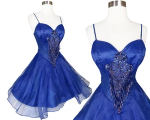 Vintage 80s Blue Lace Fringe Beading Full Skirt Prom Cocktail Party Dress XS S - Picture 1 of 12